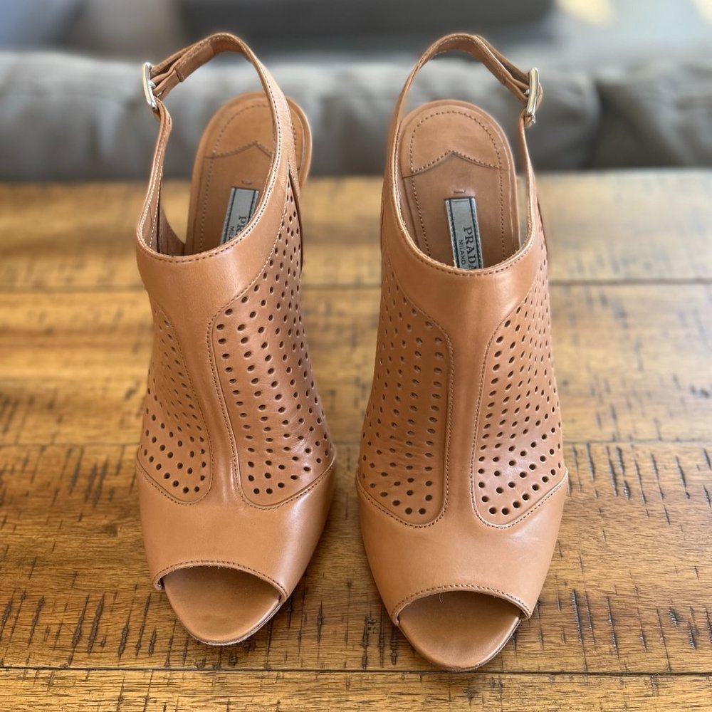 Prada Brown Leather Perforated Open Toe Ankle Strap Booties